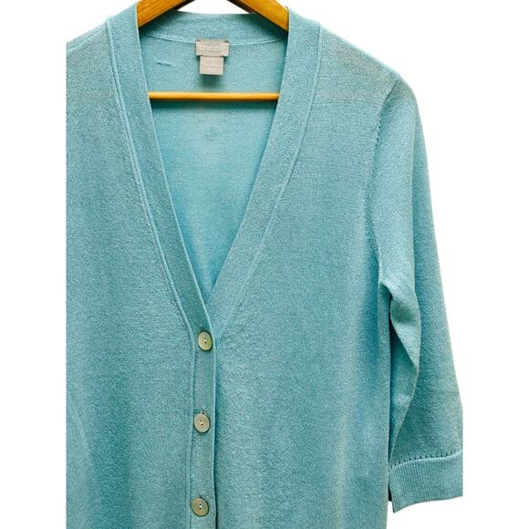 Chico’s 1 US M Blue Sparkly Cardigan 3/4 Sleeve V-Neck 3 Button Sweater - Picture 6 of 8